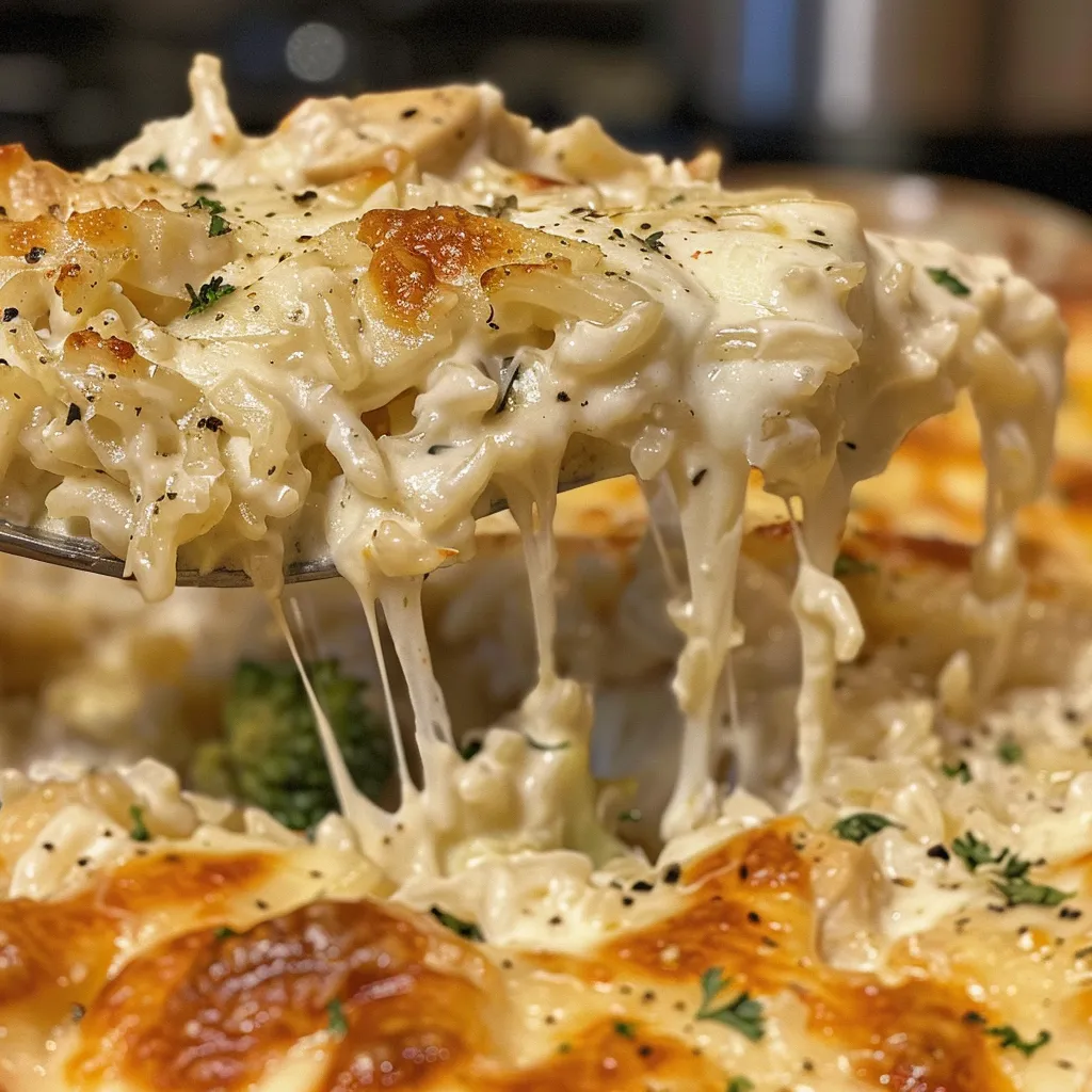 Side view of a baked Chicken Alfredo Rice Casserole in a dish, showing its creamy layers and golden crust.