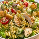 Close-up of a Chicken Caesar Pasta Salad showcasing diced chicken, pasta, and greens.