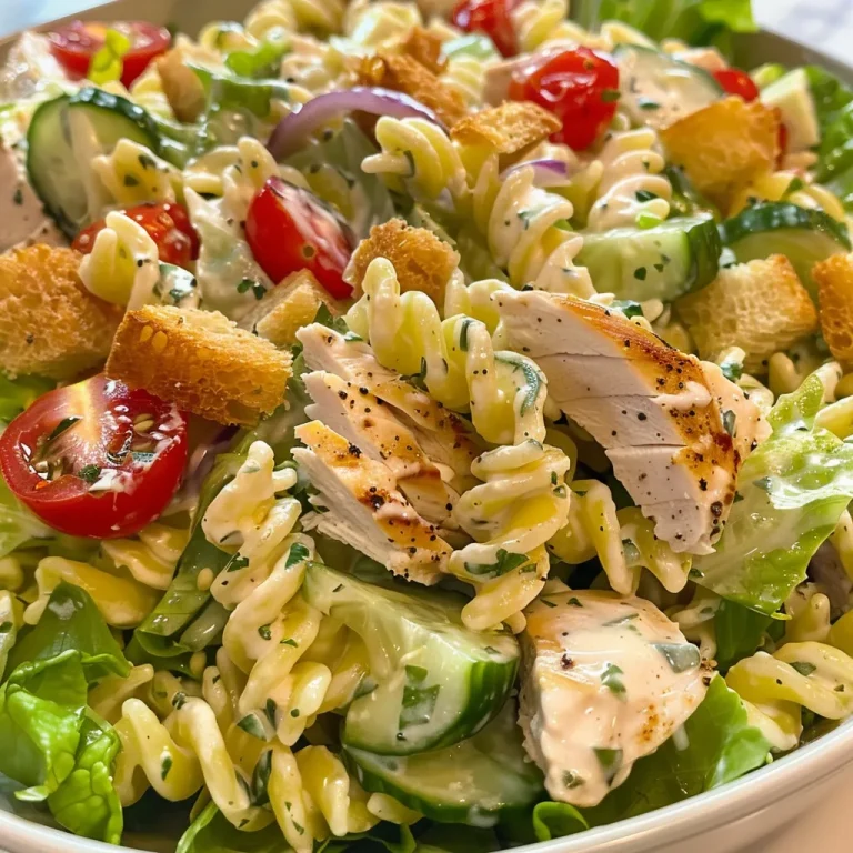 Close up of Chicken Caesar Pasta Salad with rotini, chicken, and vegetables.
