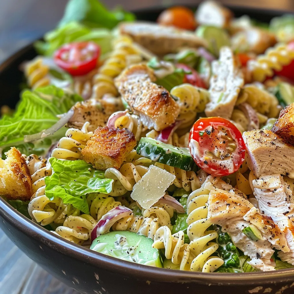 Side view of a colorful Chicken Caesar Pasta Salad with cherry tomatoes and croutons.