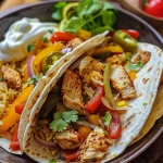 A close-up side view of a Chicken Fajitas Wrap filled with colorful peppers and chicken strips.