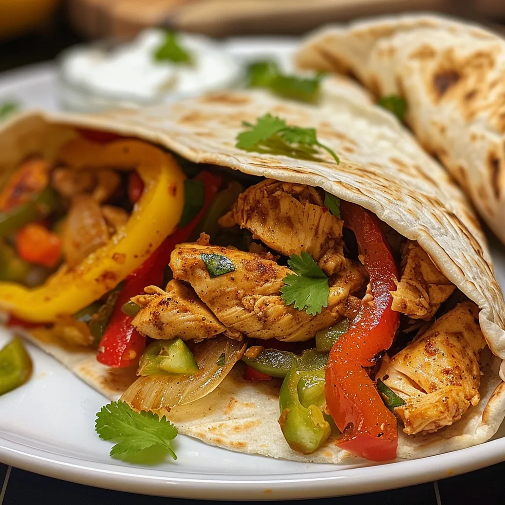 Side view of a juicy Chicken Fajitas Wrap filled with chicken and veggies.