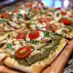 Close-up view of a Chicken Pesto Flatbread topped with cherry tomatoes and spinach.