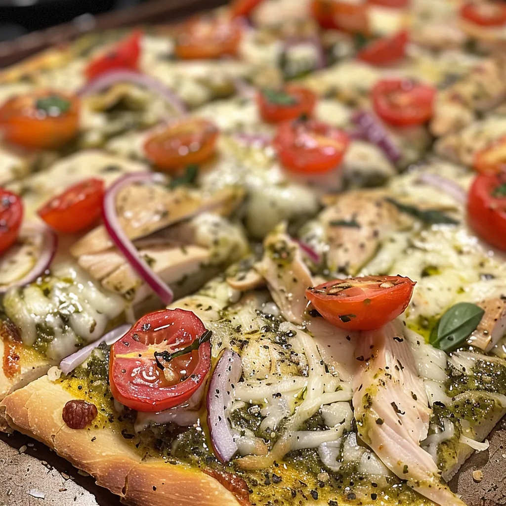 Side perspective of a juicy Chicken Pesto Flatbread on a wooden board.
