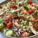A close-up side view of a Chicken Rice Salad featuring colorful ingredients.