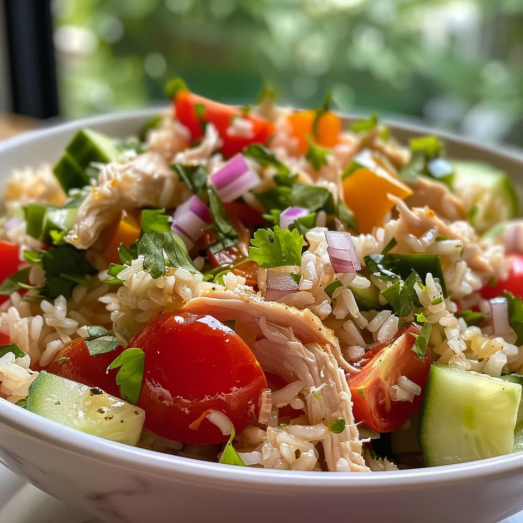Side view of a bowl filled with colorful Chicken Rice Salad ingredients.