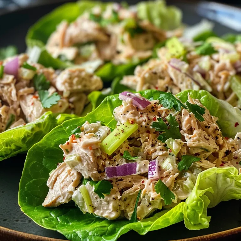 Close-up of Chicken Salad Lettuce Wraps showcasing juicy chicken and vibrant ingredients.