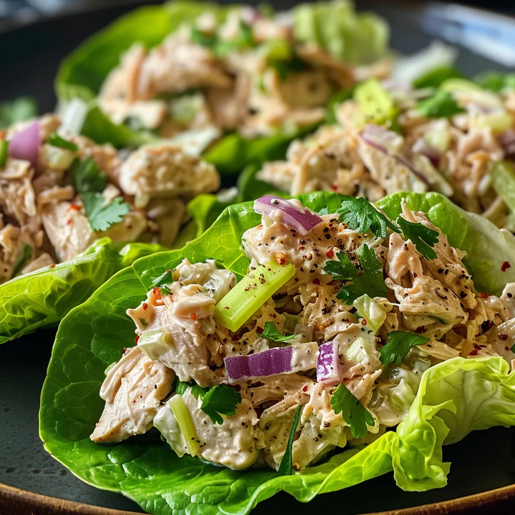 A close-up view of Chicken Salad Lettuce Wraps filled with shredded chicken and fresh vegetables.