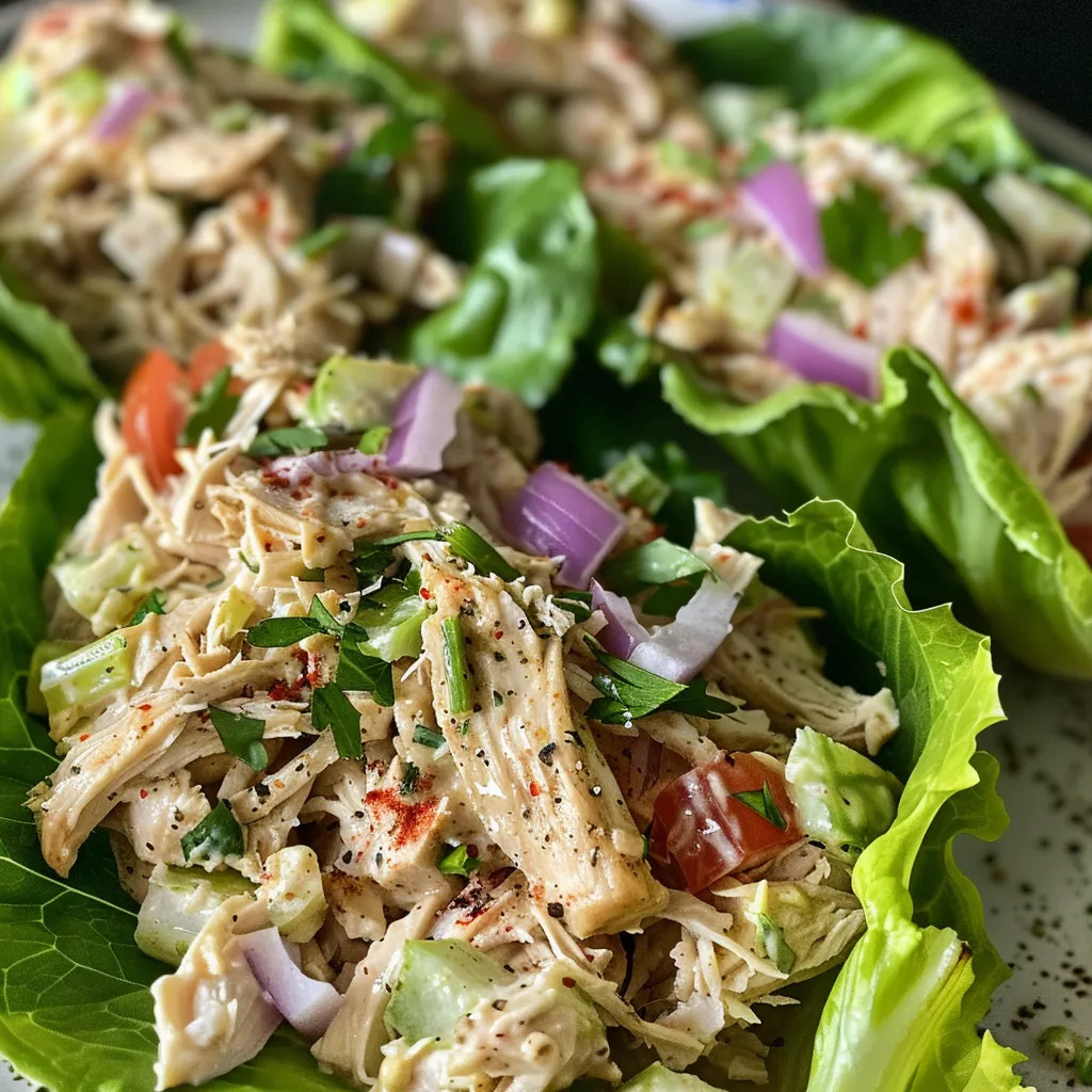 Side view of fresh Chicken Salad wrapped in crisp lettuce leaves ready to eat.