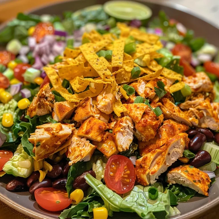Close-up of a colorful Chicken Taco Salad with vibrant ingredients.