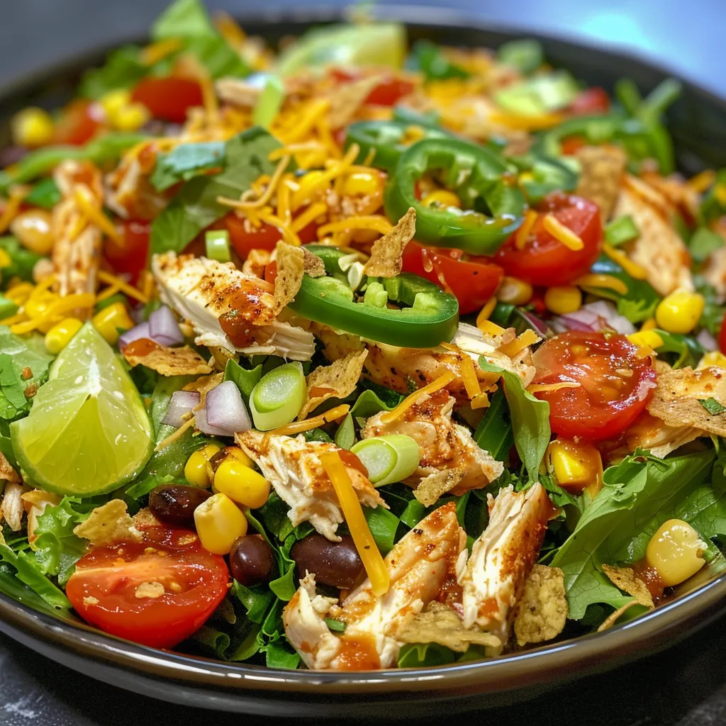 Juicy Chicken Taco Salad with fresh vegetables and toppings in a side view.