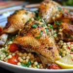 Juicy chicken thigh with golden skin served on a bed of pearl couscous with vibrant cherry tomatoes and garnished with fresh parsley.