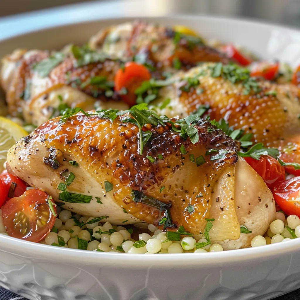 Close-up of a succulent chicken thigh accompanied by fluffy couscous and colorful diced cherry tomatoes.