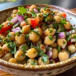 A close-up view of a vibrant chickpea salad with fresh vegetables.