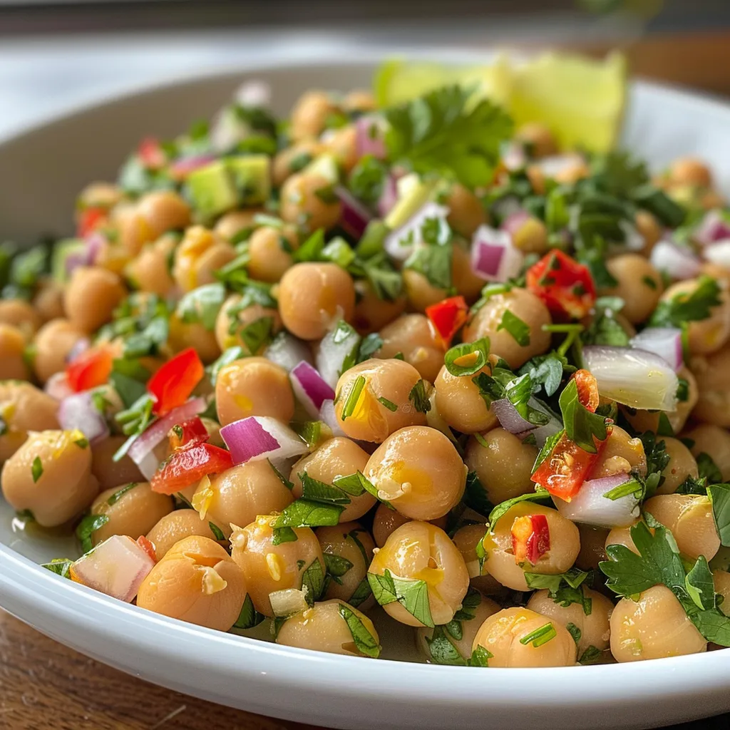 A side view of a colorful chickpea salad featuring chopped herbs and diced vegetables.