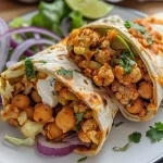 Close-up image of a vibrant chili lime chickpea cauliflower wrap, showcasing its ingredients.
