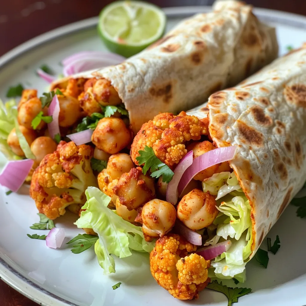 Side view of a colorful wrap filled with chickpeas, cauliflower, and fresh toppings.