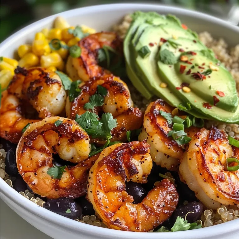 A close-up view of a colorful Chili-Lime Shrimp Quinoa Bowl with fresh ingredients.
