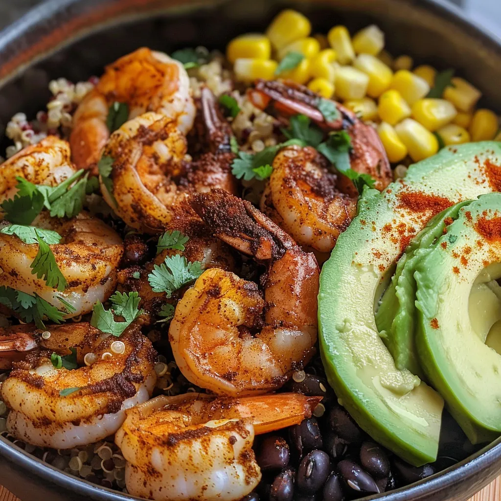 Juicy shrimp on a bed of quinoa with vibrant toppings in a side view presentation.