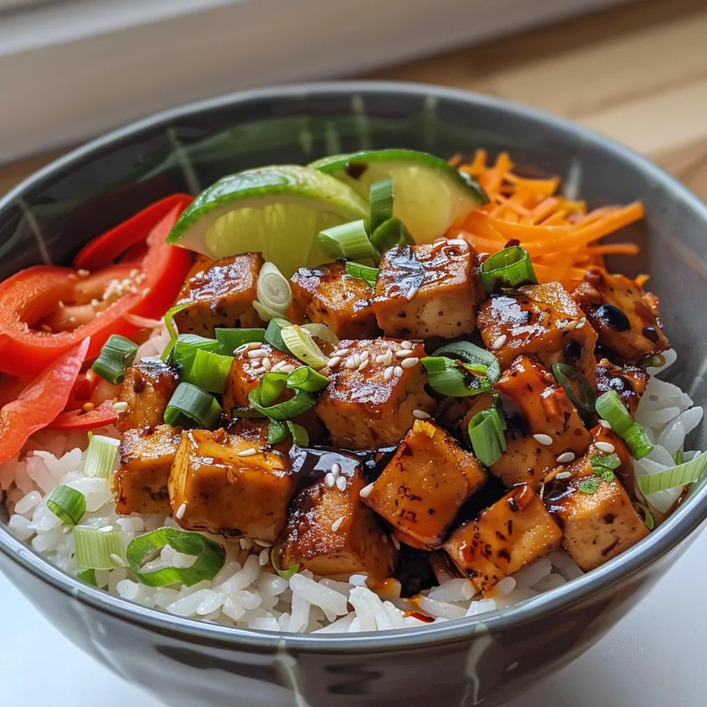 Juicy tofu cubes seasoned with chili lime, served in a bowl with rice and toppings.