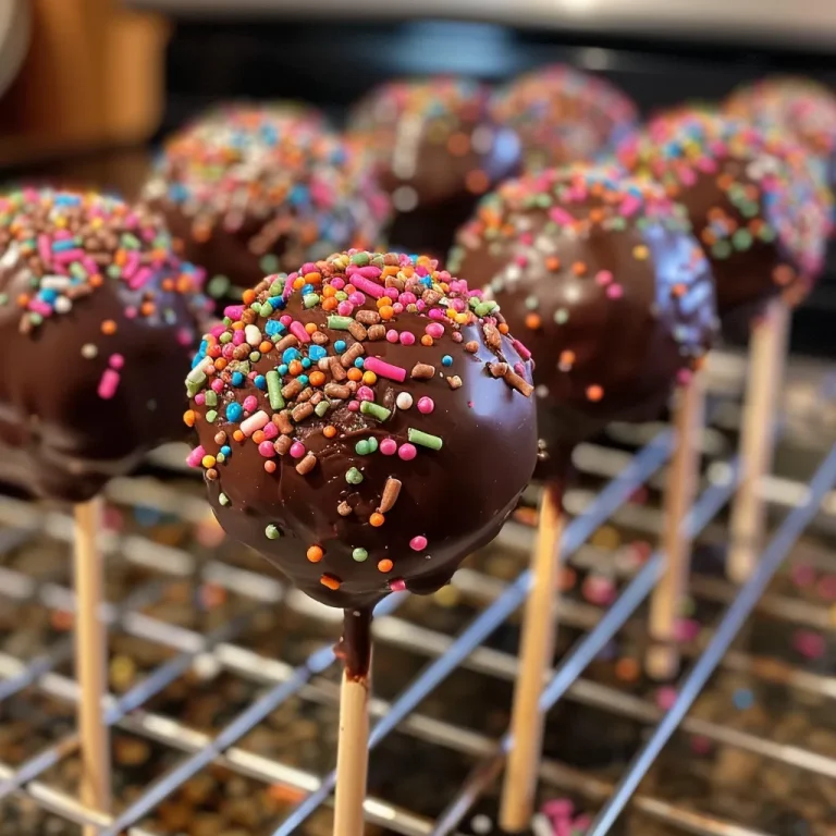 Delightful Chocolate Cake Pops A Fun and Easy Treat to Brighten Your Day Close-up of a chocolate cake pop with a glossy chocolate coating and colorful sprinkles.