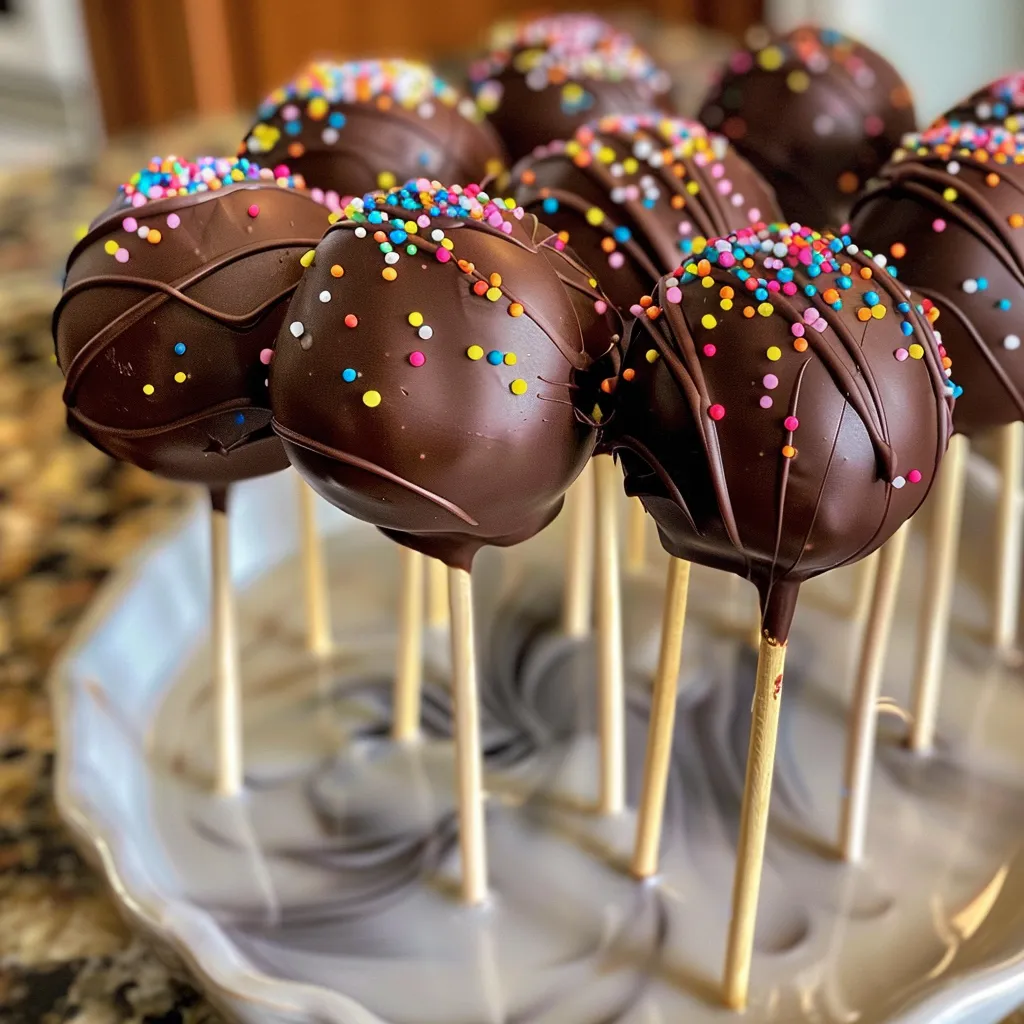 Side view of delicious chocolate cake pops on a display, decorated with vibrant sprinkles.