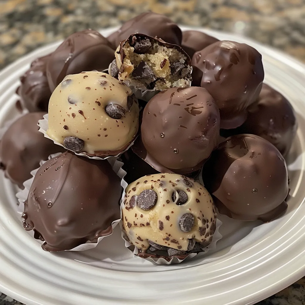 Side view of delectable chocolate chip cookie dough truffles, showcasing their creamy texture.