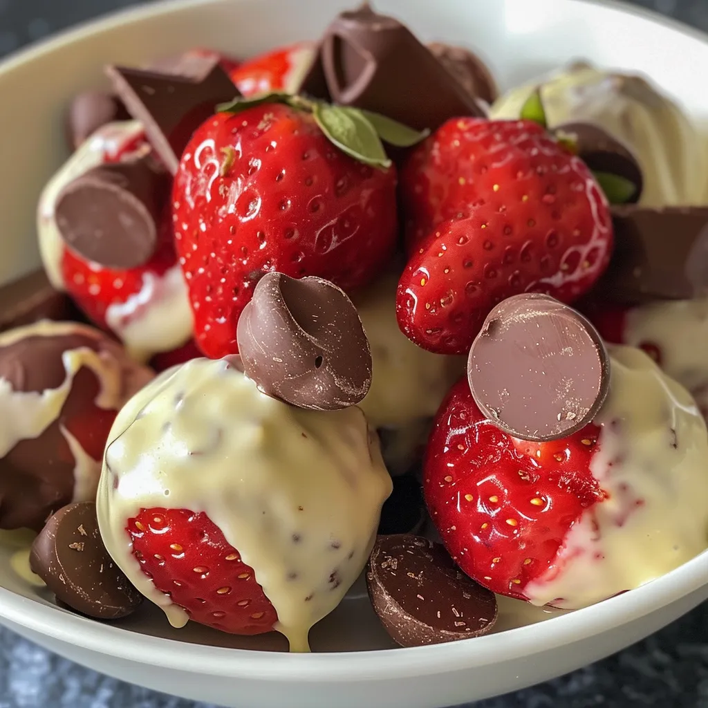 Side view of juicy chocolate-dipped strawberries coated in yogurt.