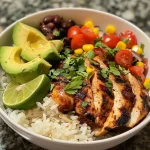 A close-up side view of a vibrant Cilantro Lime Chicken Bowl with fresh ingredients.