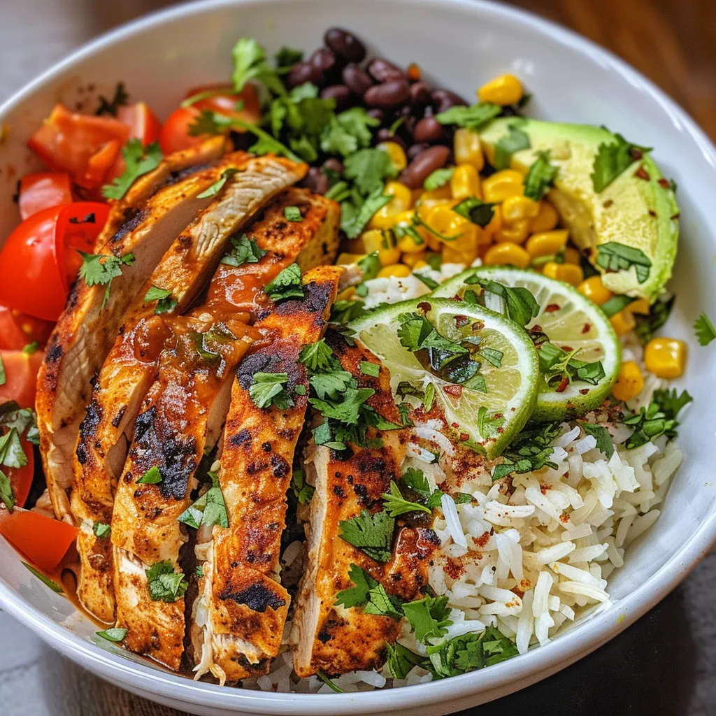 Juicy cilantro lime chicken served in a bowl with rice, beans, corn, and avocado slices.