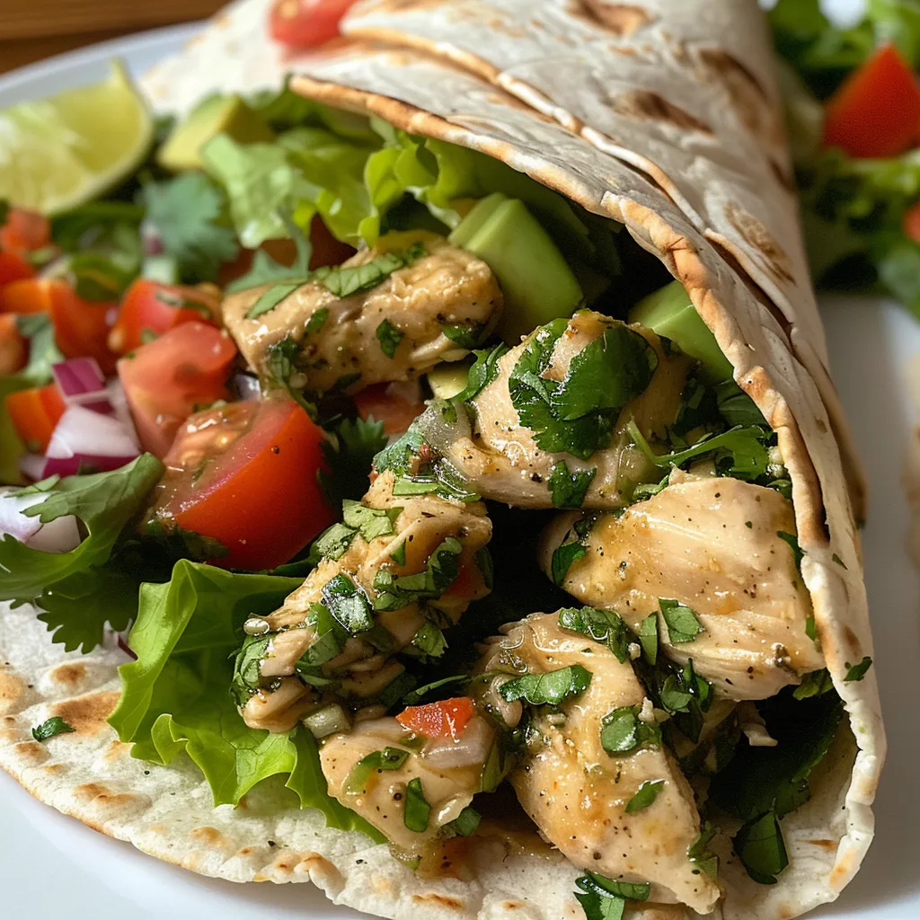 Juicy chicken wrapped in a tortilla with vibrant toppings of lettuce and tomatoes.