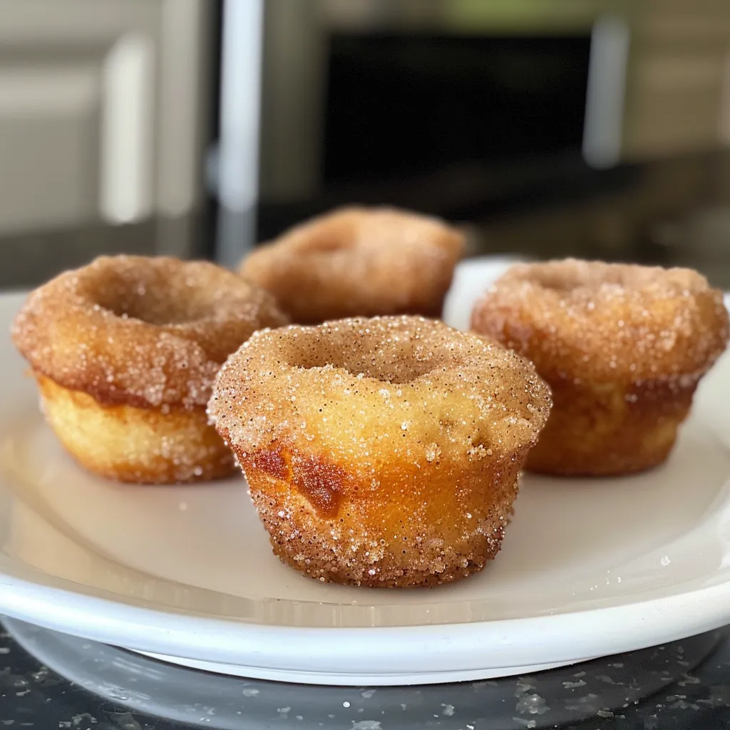 Side view of fluffy cinnamon sugar mini donut muffins on a wooden table.