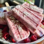 Close-up view of colorful Coconut Berry Popsicles with berries and coconut flakes.