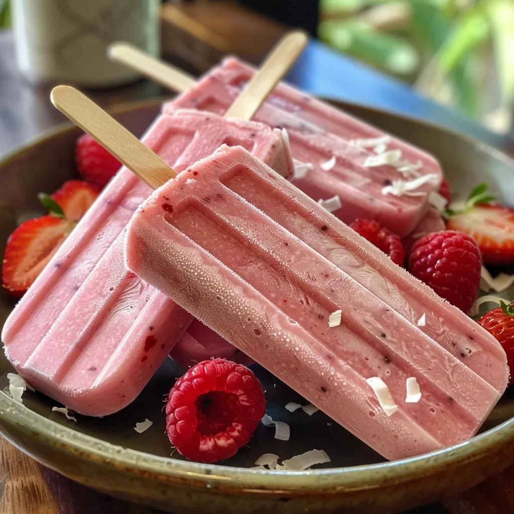 Side view of vibrant Coconut Berry Popsicles showcasing strawberries and raspberries.