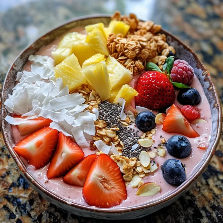 Elevate Your Mornings with a Refreshing Coconut Smoothie Bowl Close-up of a vibrant Coconut Smoothie Bowl garnished with fresh fruits and coconut flakes.