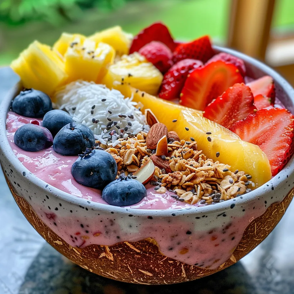 Side view of a colorful Coconut Smoothie Bowl filled with strawberries, peaches, and granola.
