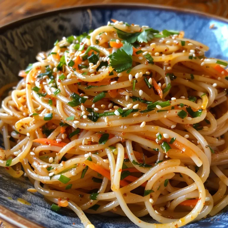 Close-up view of a bowl of Cold Sesame Noodle Salad garnished with green onions and sesame seeds.