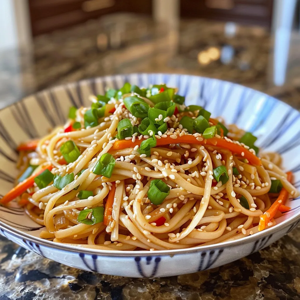Side view of a vibrant Cold Sesame Noodle Salad featuring thin spaghetti, carrots, and a glossy sesame dressing.