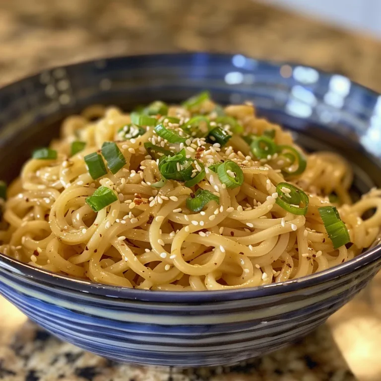 Close-up of cold sesame noodles garnished with scallions and sesame seeds.