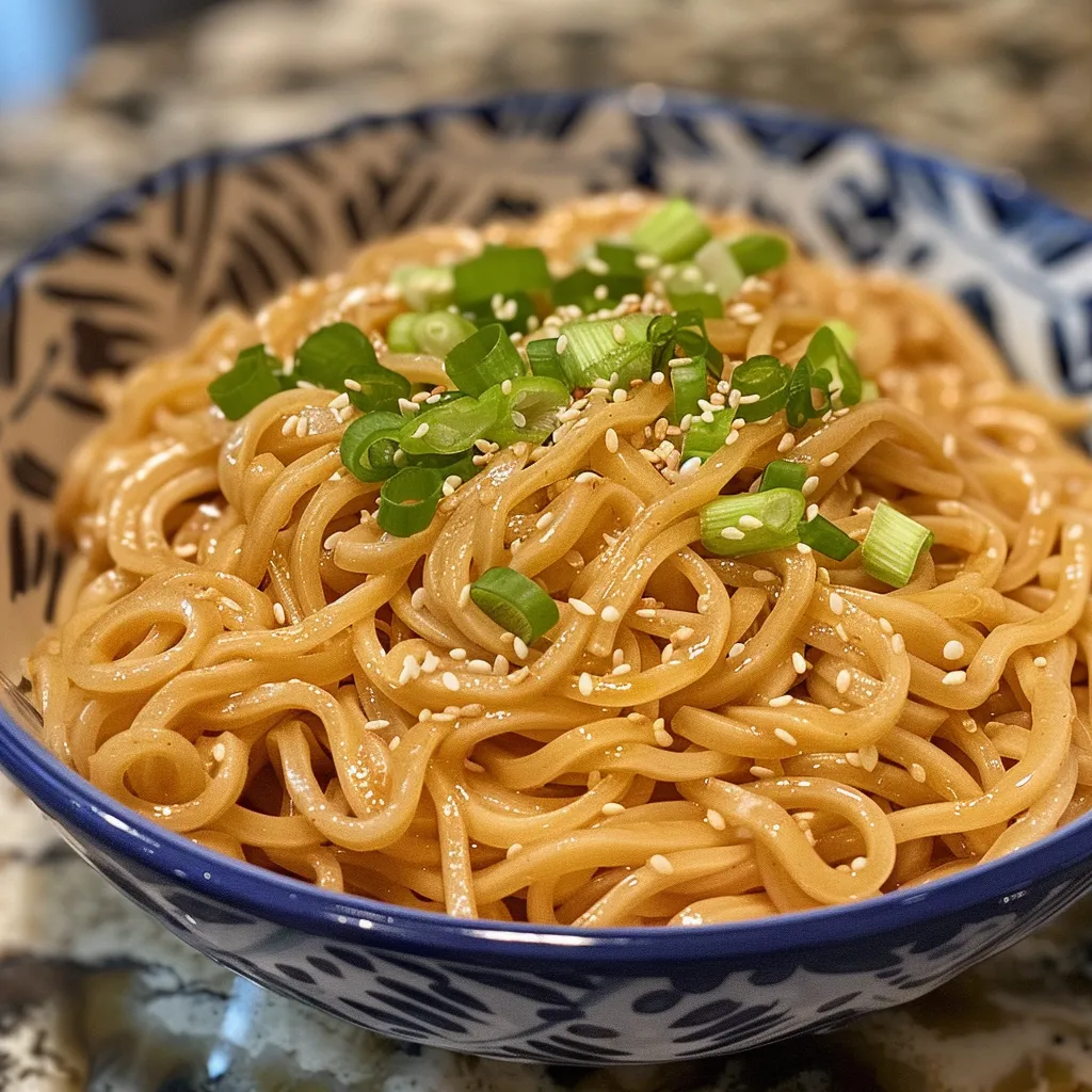 Juicy cold sesame noodle dish with sliced cucumber and carrots, garnished with fresh cilantro.