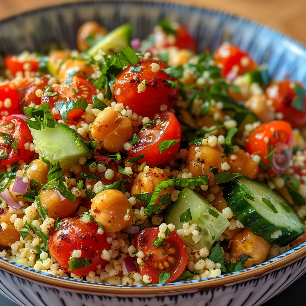 Juicy couscous salad featuring roasted chickpeas, cherry tomatoes, and cucumber.