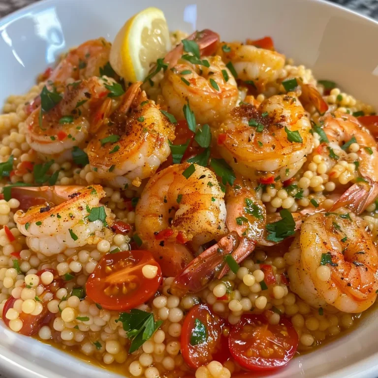 Close-up view of a bowl of couscous topped with shrimp and cherry tomatoes.