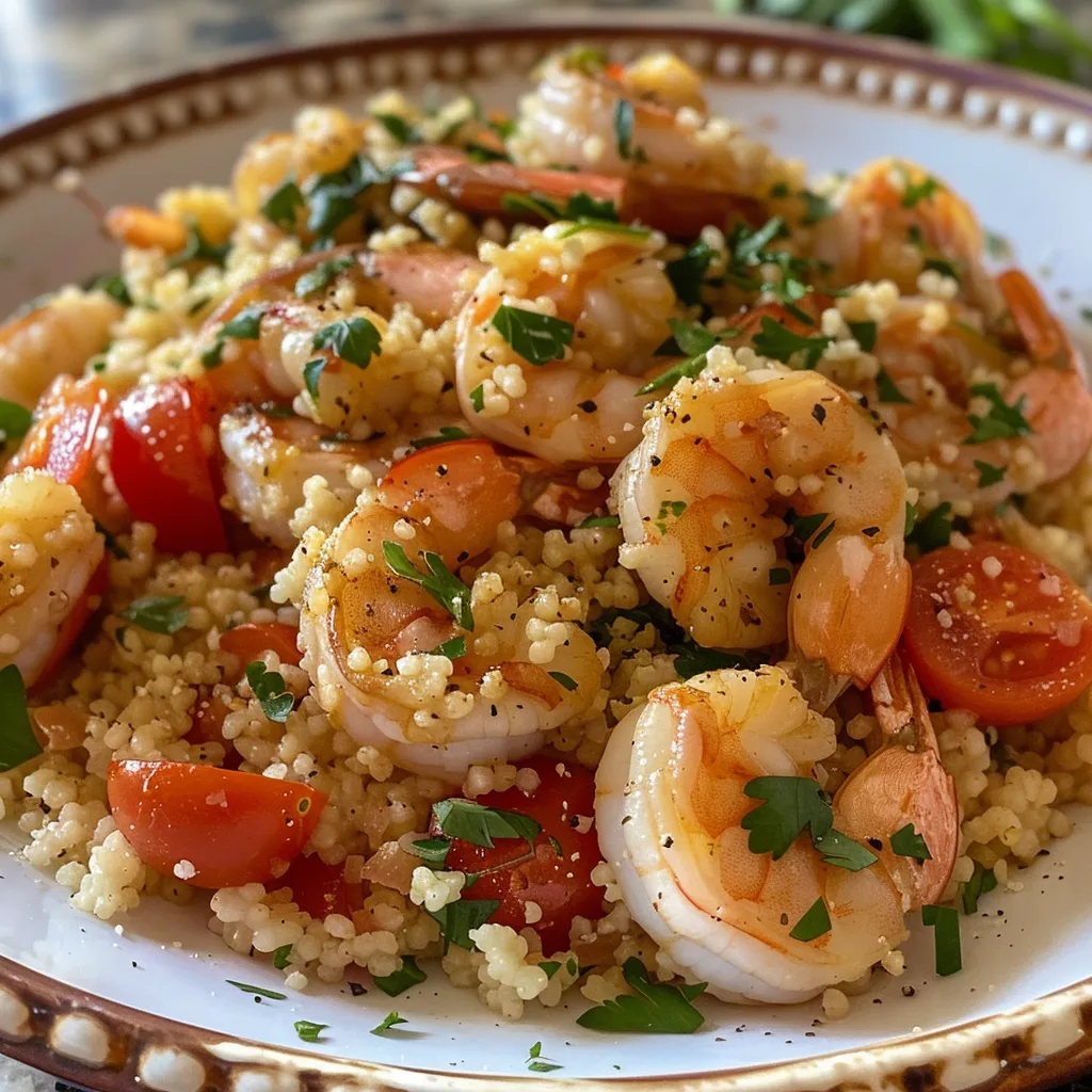 Side view of a vibrant dish featuring couscous and succulent shrimp.