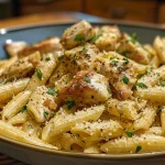 Close-up view of creamy Crac Chicken Penne with vibrant herbs and pasta.