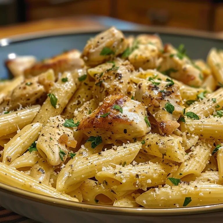 Close-up view of creamy Crac Chicken Penne with vibrant herbs and pasta.