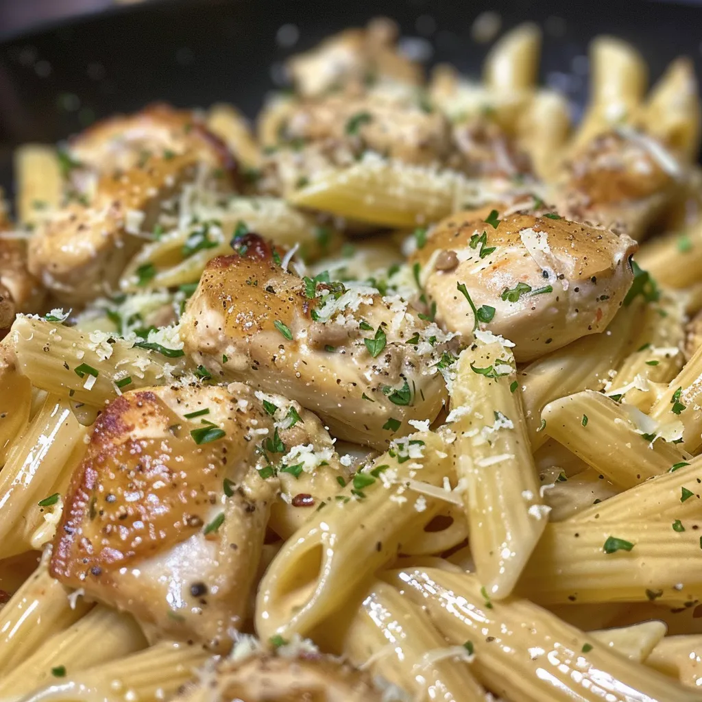 Deliciously plated Crac Chicken Penne, showing juicy chicken and creamy sauce.