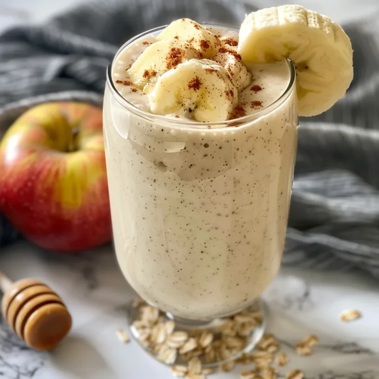 A Delightful Smoothie That Makes Mornings Brighter A close-up view of a creamy apple banana smoothie in a glass with a straw.