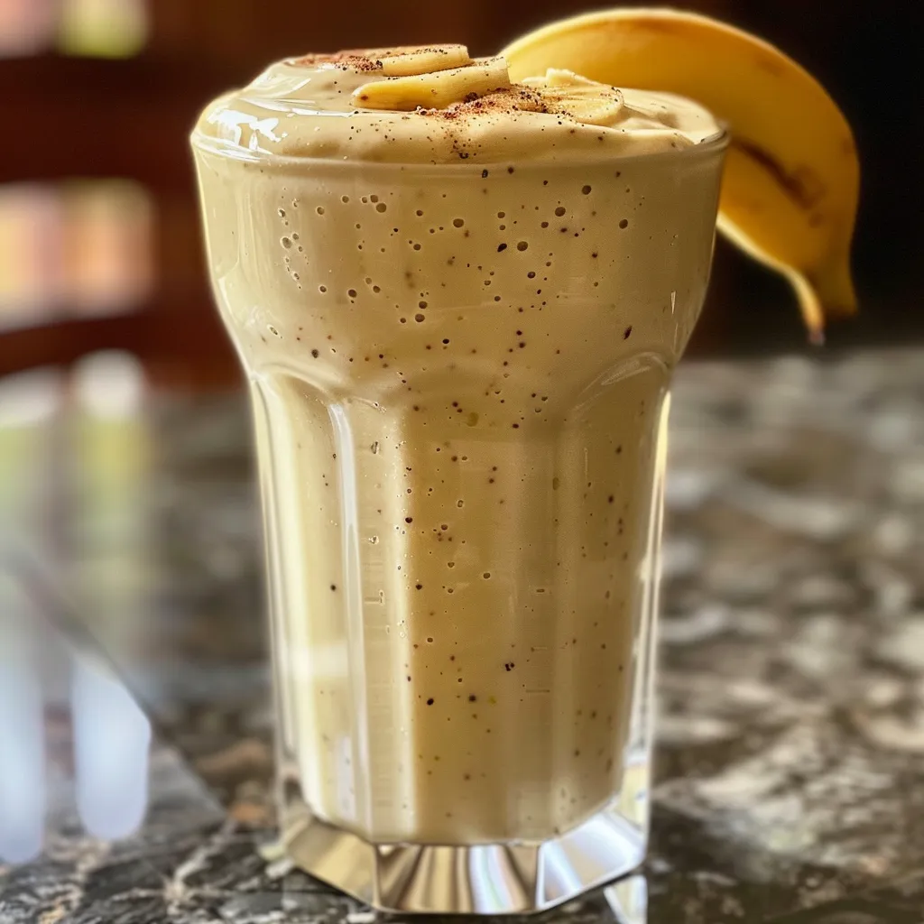 Side view of a delicious smoothie featuring apples and bananas in a clear glass.