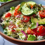 Close-up view of a colorful Creamy Avocado and Lime Rice Salad in a bowl.
