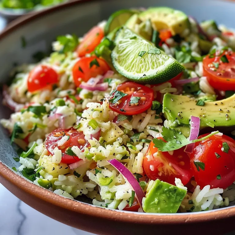 Brighten Up Your Dinner with This Creamy Avocado and Lime Rice Salad Close-up view of a colorful Creamy Avocado and Lime Rice Salad in a bowl.